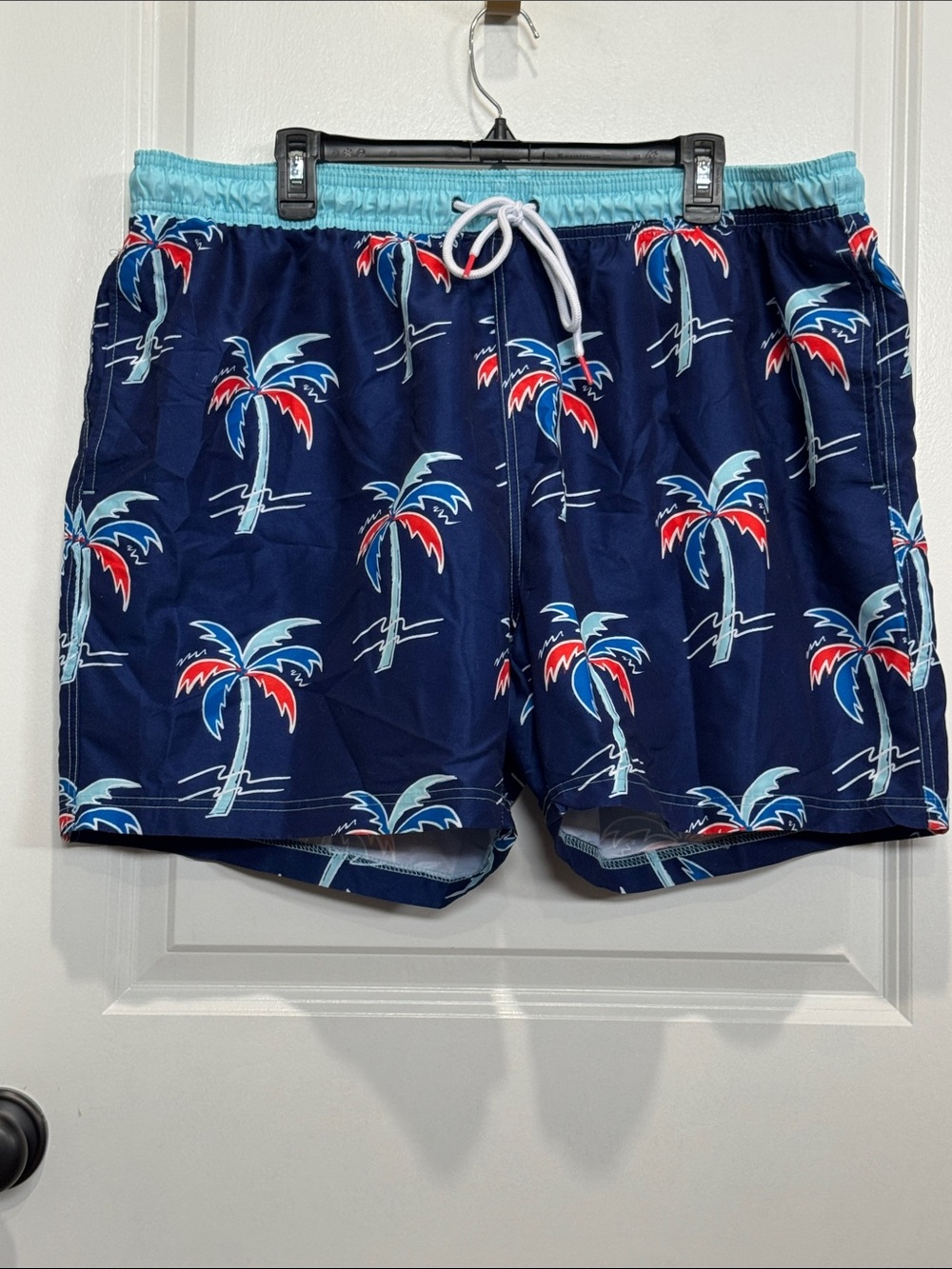 Men's Navy Palm-Print Swim Trunks with Light Blue Waistband